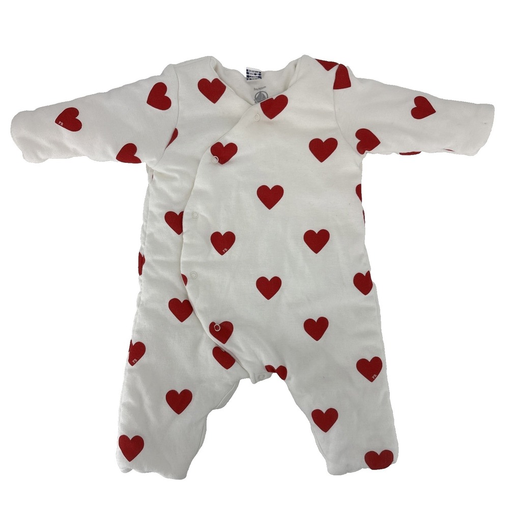 Petit Bateau EUC White Red Hearts 100% Cotton Snap Front Bodysuit Coverall 3M